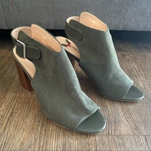 Penny Loves Kenny Peep Toe Heeled Booties in Faux Suede Army Green